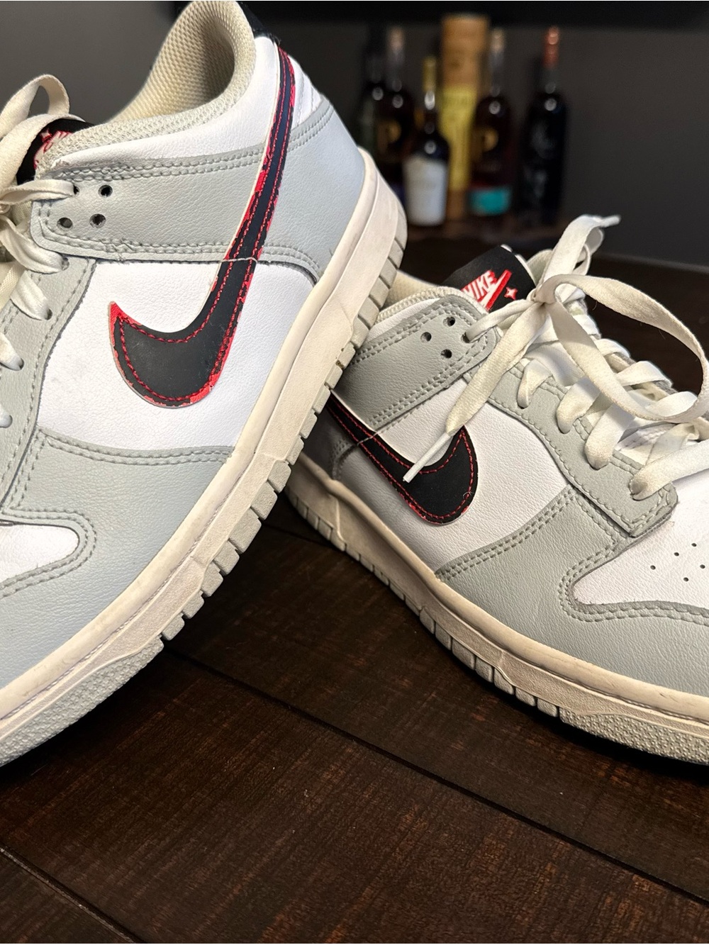 Nike Womens Dunks Low-Top (White, Light Gray and Black with Red Accent)